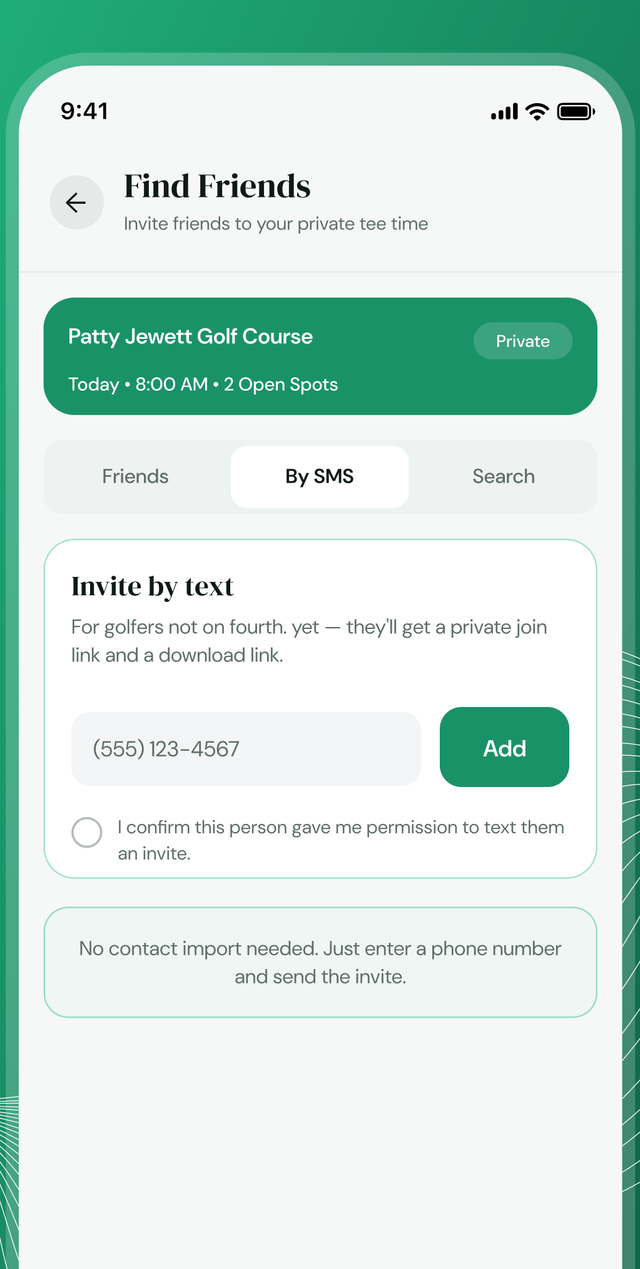 fourth. app SMS invite screen showing the phone number field and the unchecked consent confirmation checkbox reading: I confirm this person gave me permission to text them an invite.
